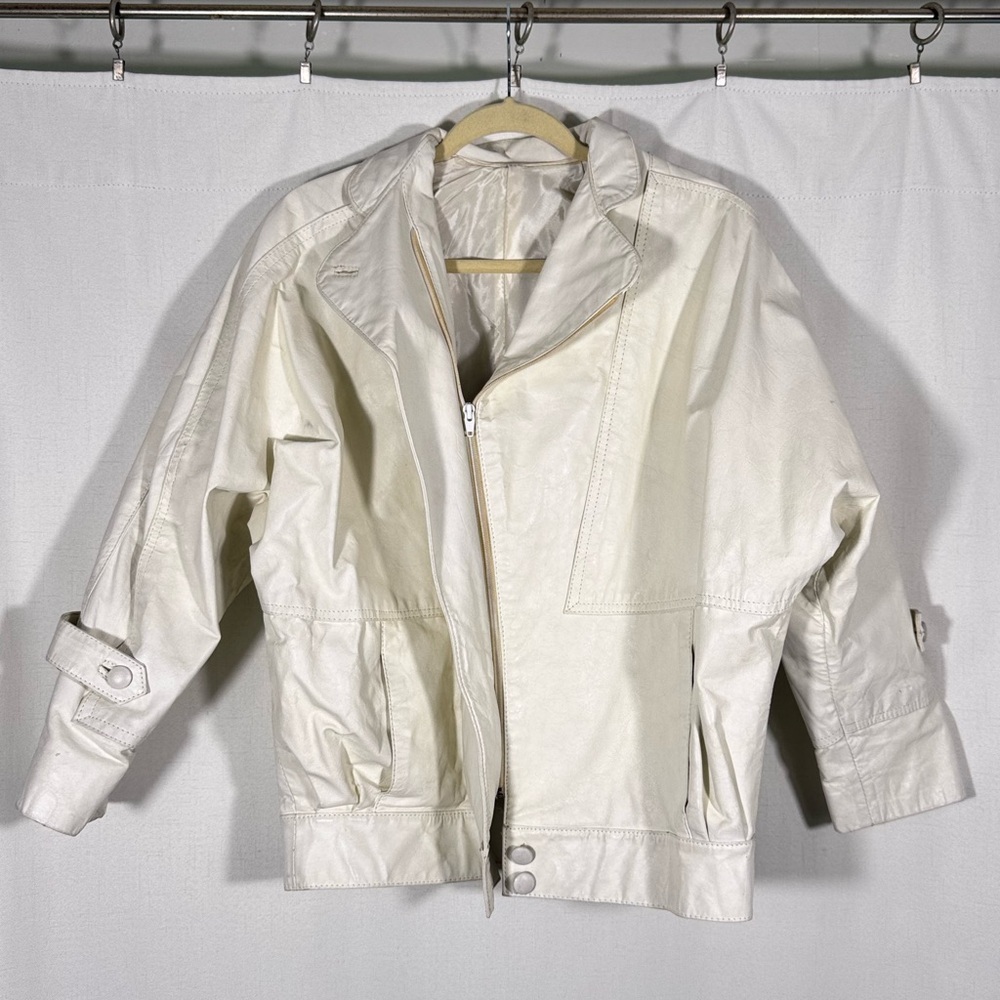 Vintage 80s White Leather Bomber Jacket